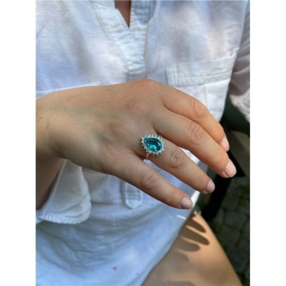 Solid 925 Sterling Silver Pear Shaped Blue Aquamarine CZ Cocktail Ring - Picture 5 of 7